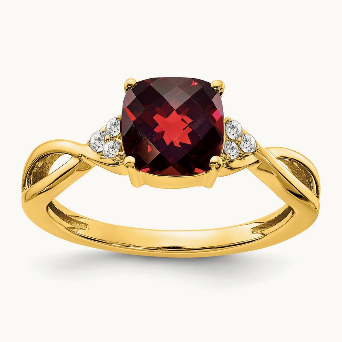 Checkerboard Garnet and Diamond Ring — 14K Yellow Gold, 7