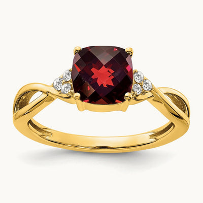 Checkerboard Garnet and Diamond Ring — 14K Yellow Gold, 7