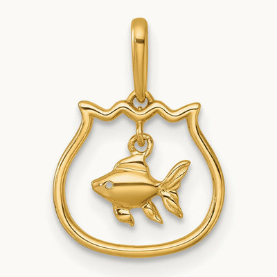 Polished Fish Bowl with Dangling Fish Pendant, 14K