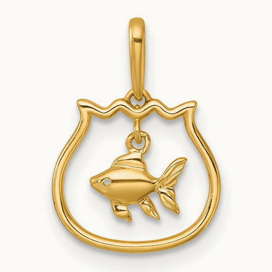 Polished Fish Bowl with Dangling Fish Pendant, 14K