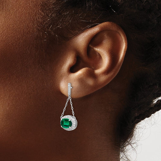 Oval Created Emerald and Diamond Dangle Earrings — photo set