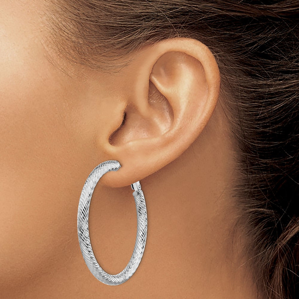 Diamond-cut Round Omega Back Hoop Earrings — 14K White Gold, 4x45mm