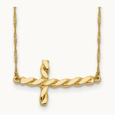 Polished Twisted Sideways Cross 17 inch Necklace — 14K Yellow Gold