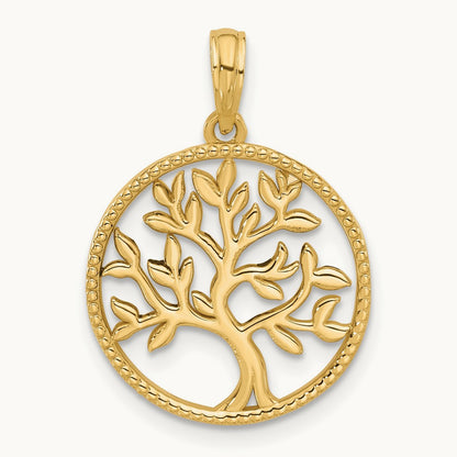 Polished Circle with Tree Charm, 14K