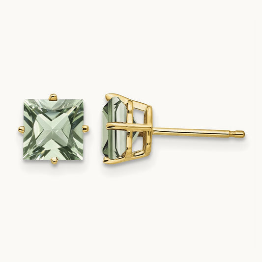 Square Green Quartz Earrings — 14K Yellow Gold