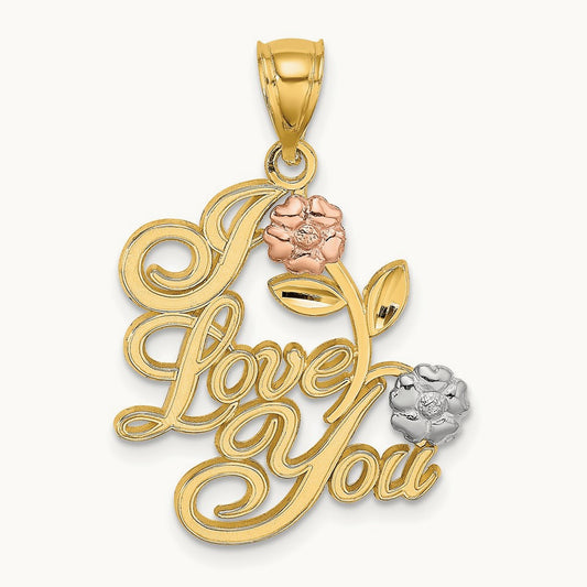 w/White Rhodium I LOVE YOU w/Flowers Charm, 14K Two-tone