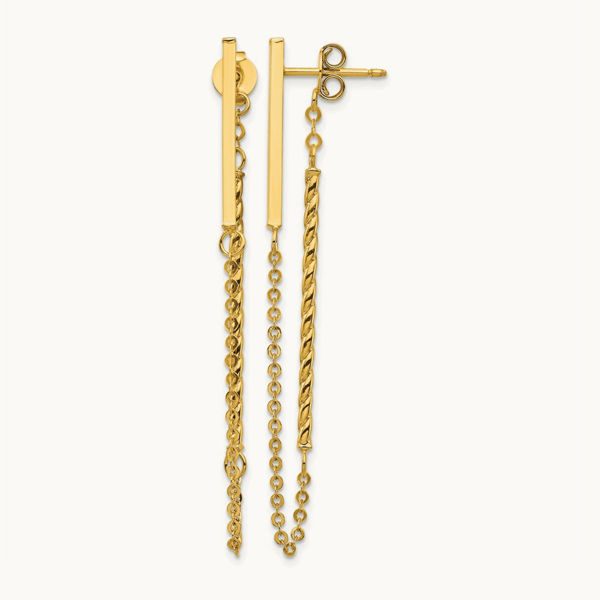 Polished and Twisted Bar w/Chain Post Earrings, 14K