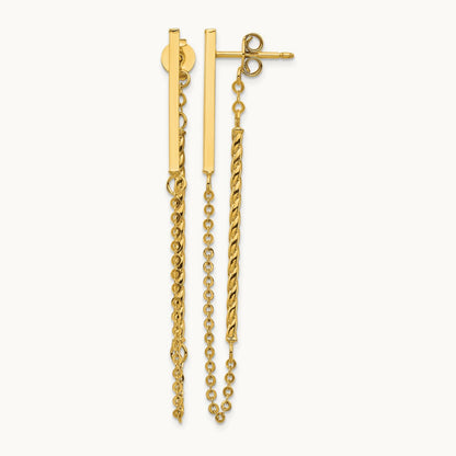 Polished and Twisted Bar w/Chain Post Earrings, 14K