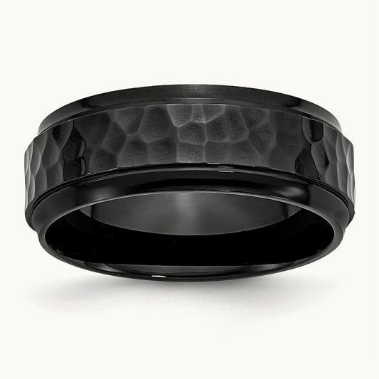 Polished/Hammered Black IP-plated Beveled Edge Band, 8mm, Stainless Steel