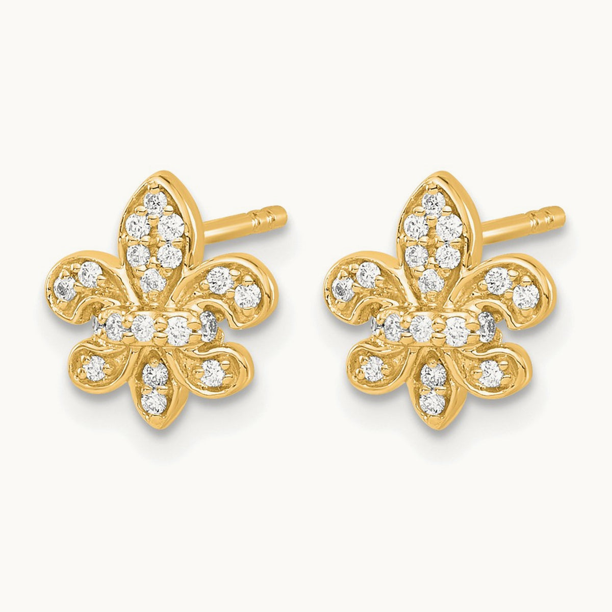 Diamond Fleur de Lis Post Earrings — 14K Yellow Gold