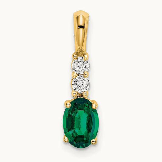 Oval Created Emerald and Diamond Pendant, 14K