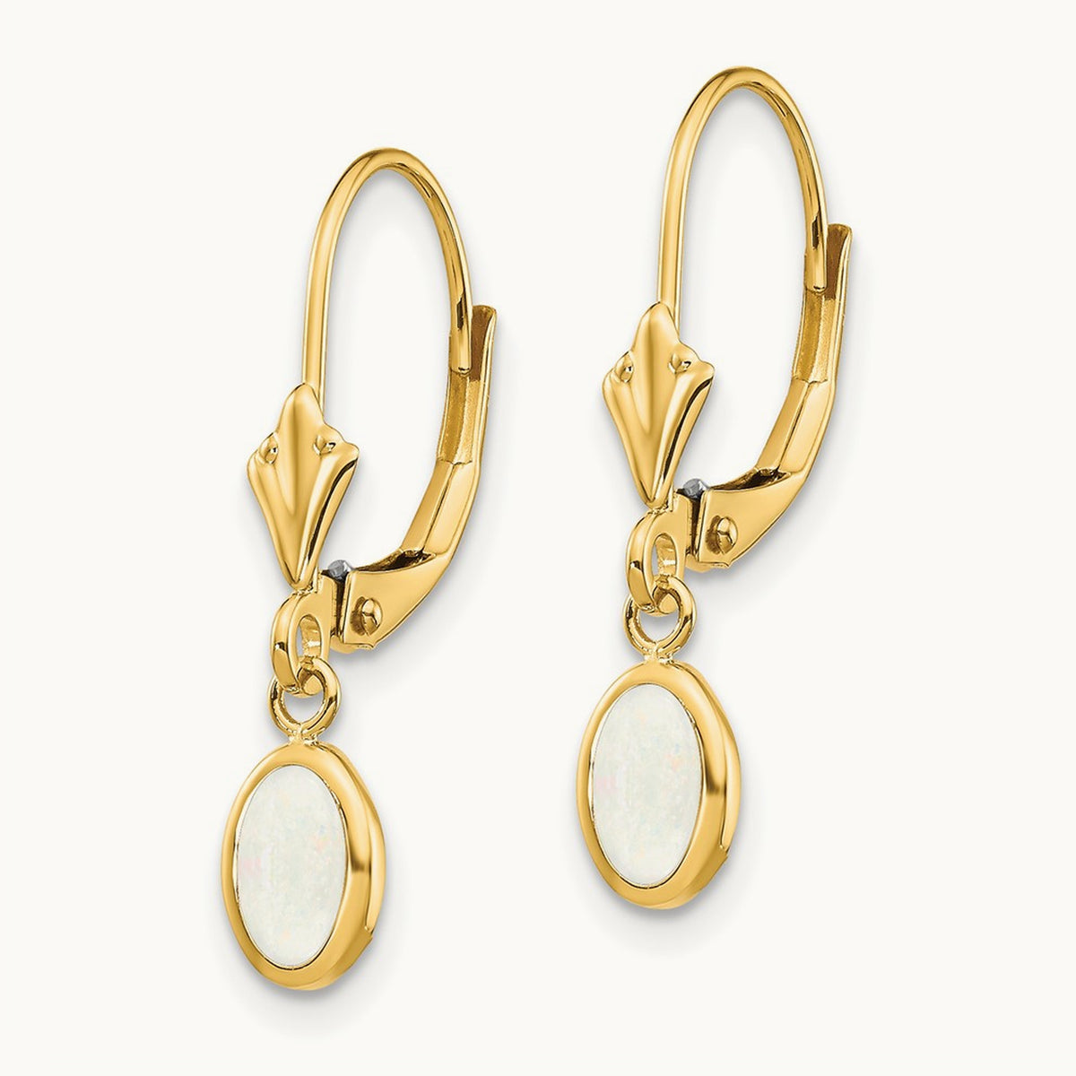 6x4 Oval Bezel October/Opal Leverback Earrings — 14K Yellow Gold