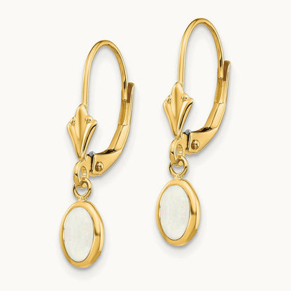6x4 Oval Bezel October/Opal Leverback Earrings — 14K Yellow Gold