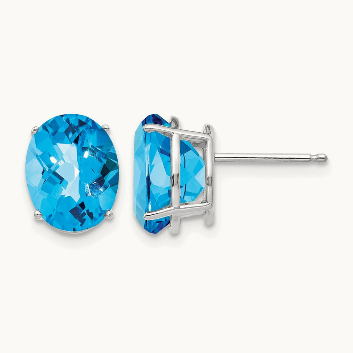 10x8mm Oval Blue Topaz Checker Earrings, 14K White Gold