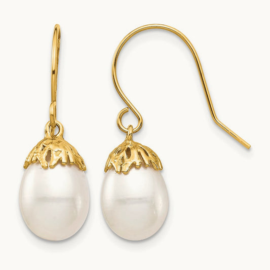 7- White Rice Freshwater Cultured Pearl Dangle Earrings, 8mm, 14K