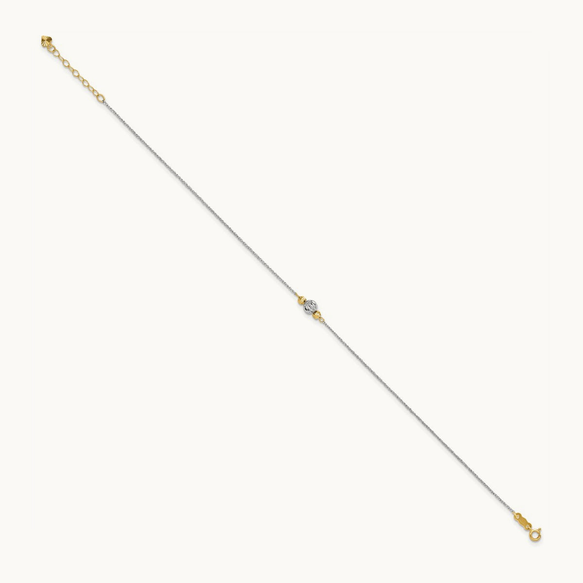 Ropa Two-tone Diamond Cut Bead 9in Plus 1in Ext. Anklet, 14K White Gold
