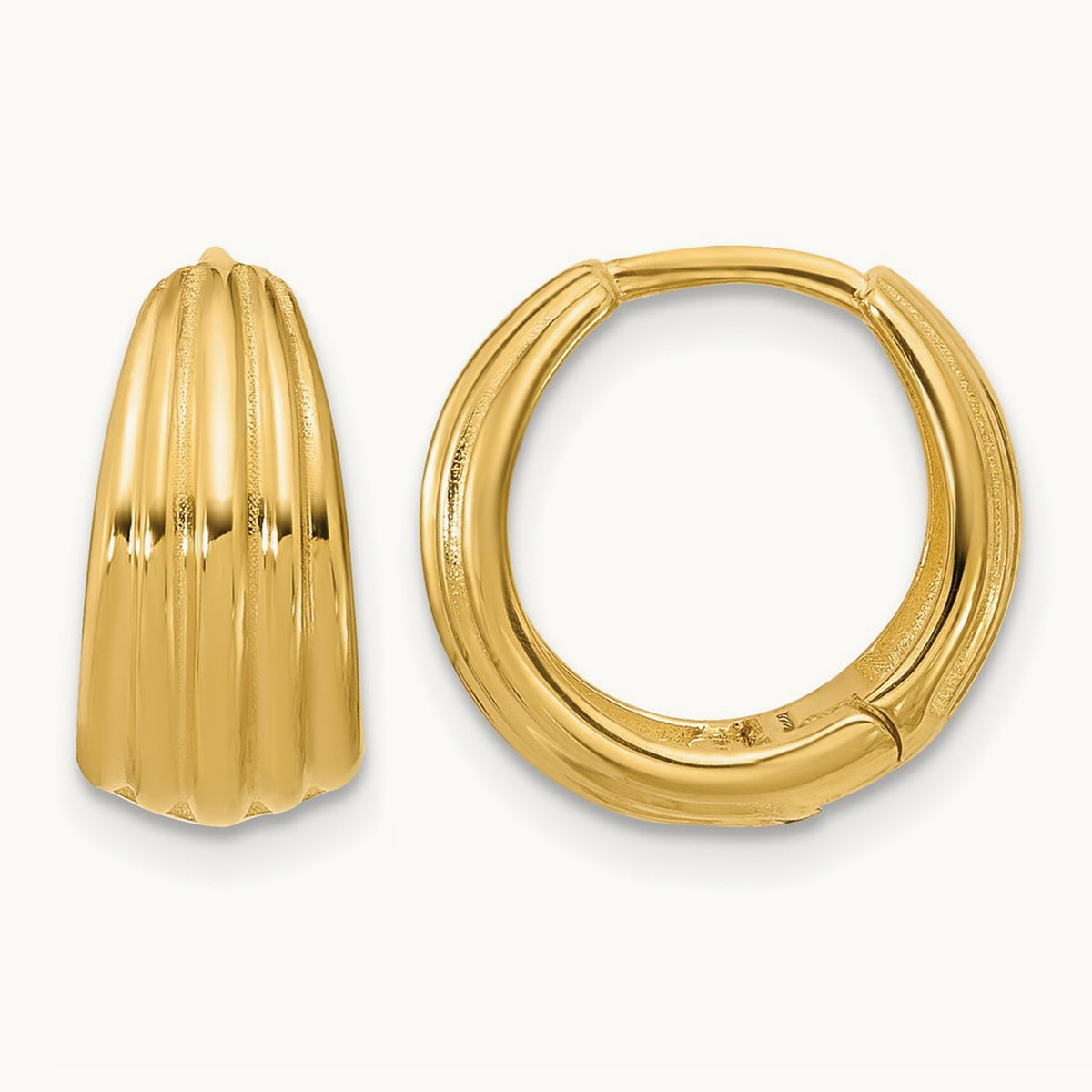 Polished/Grooved Round Huggie Hoop Earrings — 14K Yellow Gold