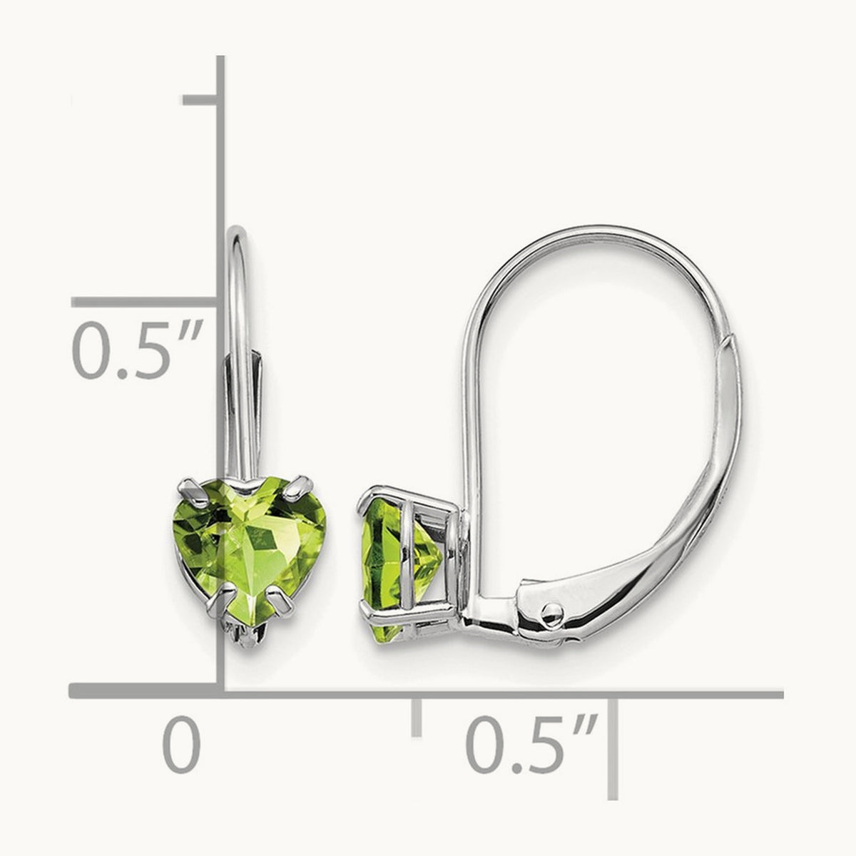 Heart Peridot Leverback Earrings — 14K White Gold