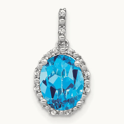 Oval Blue Topaz and Diamond Halo Pendant, 14K White Gold