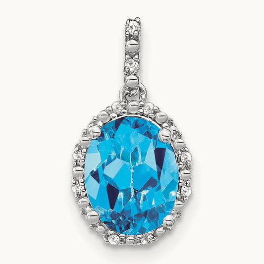 Oval Blue Topaz and Diamond Halo Pendant, 14K White Gold