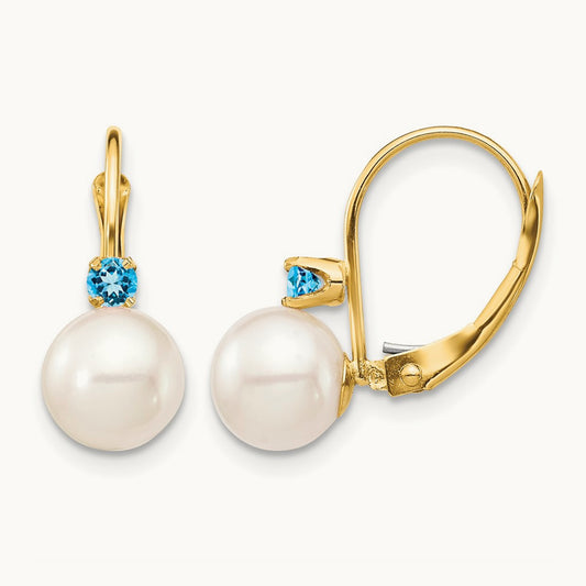 7- White Round FWC Pearl Swiss Blue Topaz Leverback Earrings, 7.5mm, 14K