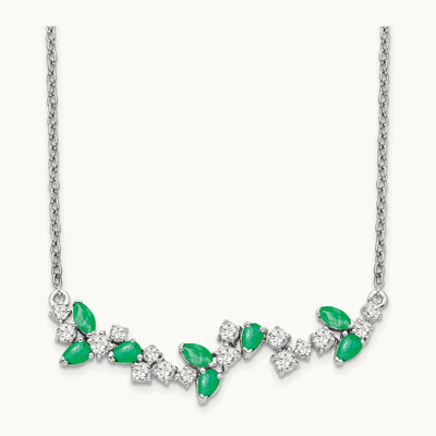 Emerald and Diamond 18in. Floral Bar Necklace, 14K White Gold