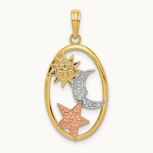 w/White Rhodium Sun, Moon and Star Oval Pendant, 14K Two-tone