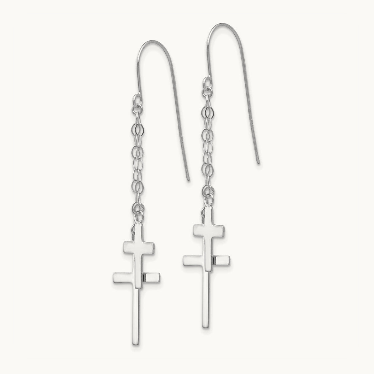 Chain Dangle Cross Shepherd Hook Earrings — 14K White Gold