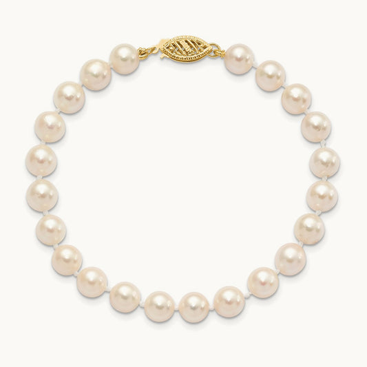6- Round White Saltwater Akoya Cultured Pearl Bracelet, 7mm, 14K