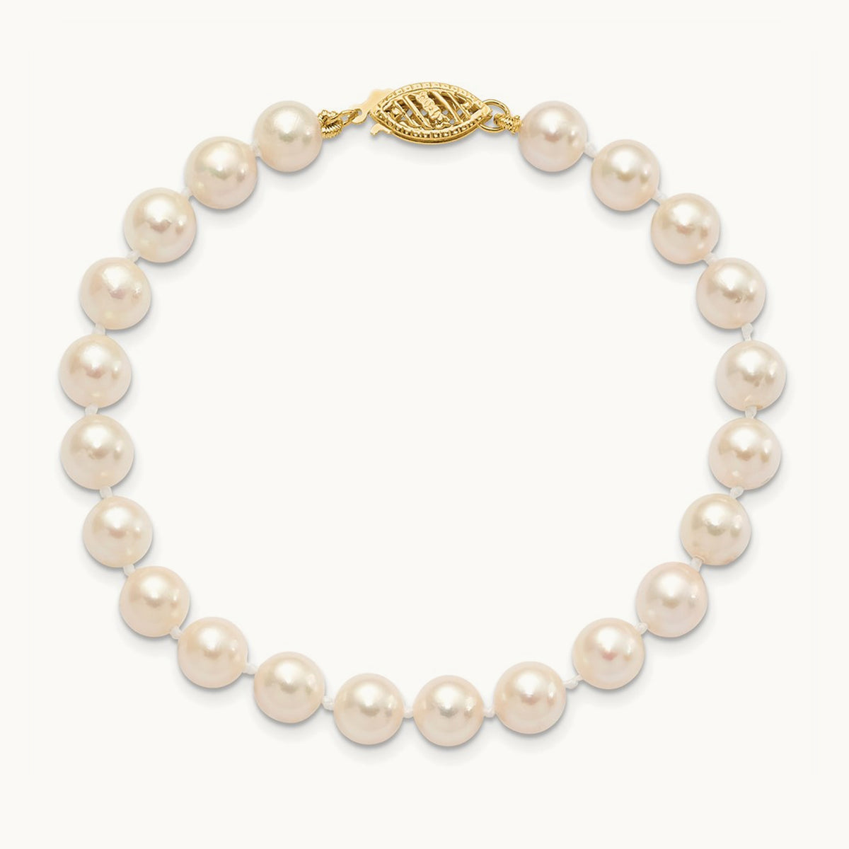 6- Round White Saltwater Akoya Cultured Pearl Bracelet, 7mm, 14K