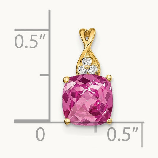 Checkerboard Created Pink Sapphire and Diamond Pendant, 14K