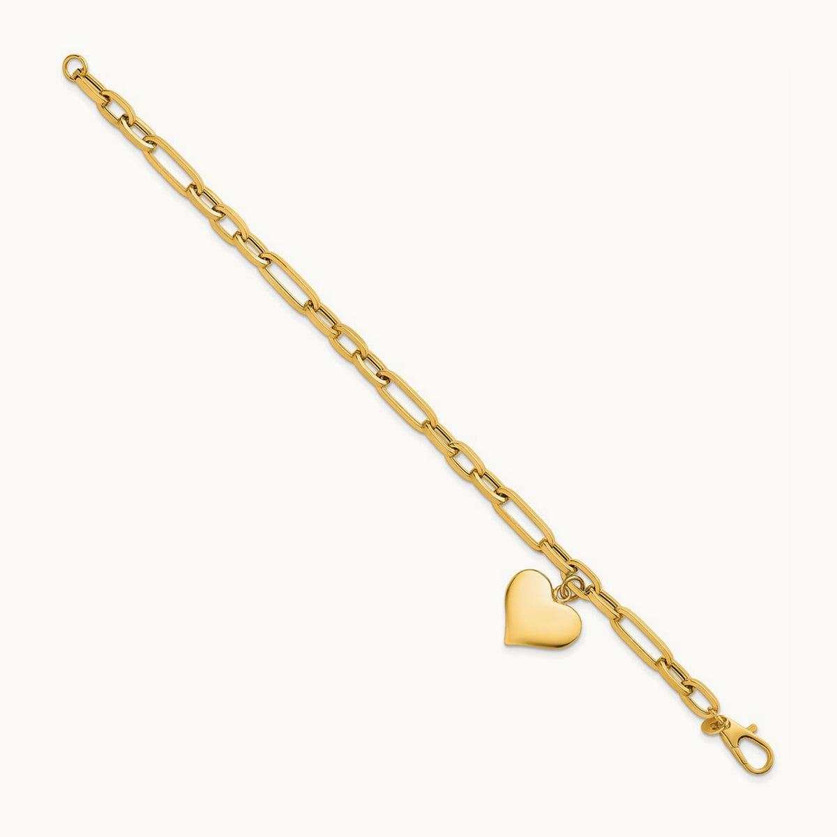Polished Paperclip Link With Heart Dangle 7.5in Bracelet, 14K