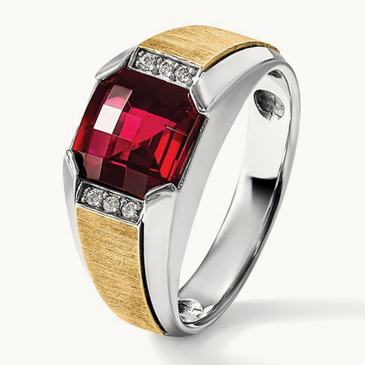 14ktt IBGoodman Men's Polished & Satin Lab Cr. Garnet & Dia Ring