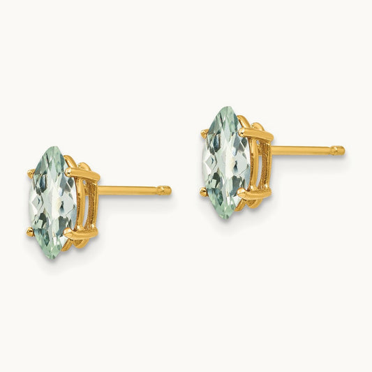 8x4 Marquise Checker-Cut Green Quartz Earring, 14K