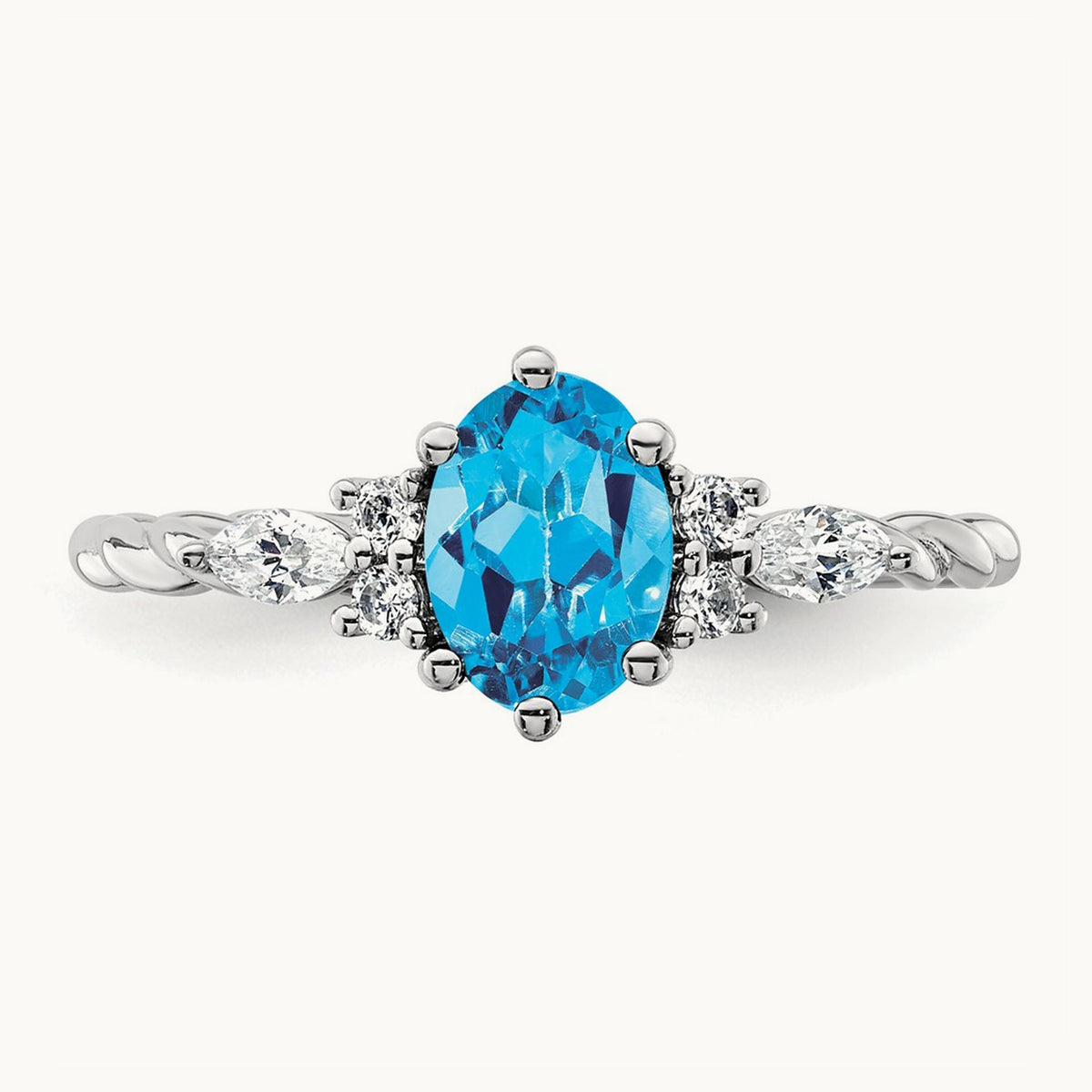 Polished Diamond and Blue Topaz Twisted Ring — 14K White Gold