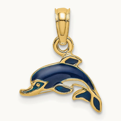 Blue Enamel Dolphin Charm, 14K