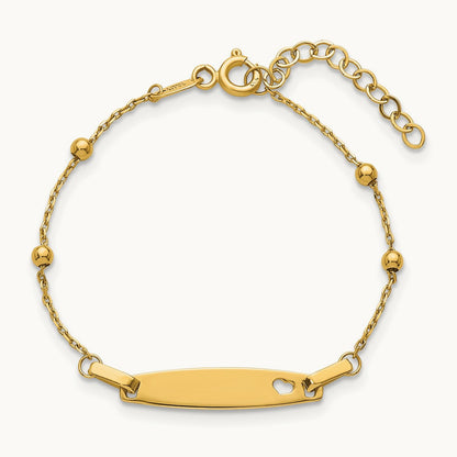 Children's Polished Beaded Heart ID 5in w/1in ext Bracelet, 14K