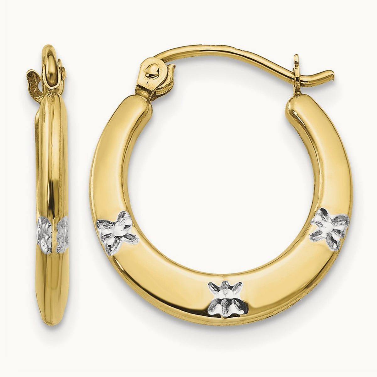 Madi K w/Rhodium Flowers Hollow Hoop Earrings, 14K