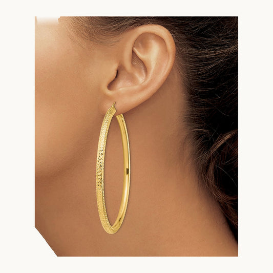 Diamond-cut Lightweight Tube Hoop Earrings — 14K Yellow Gold, 4x70mm