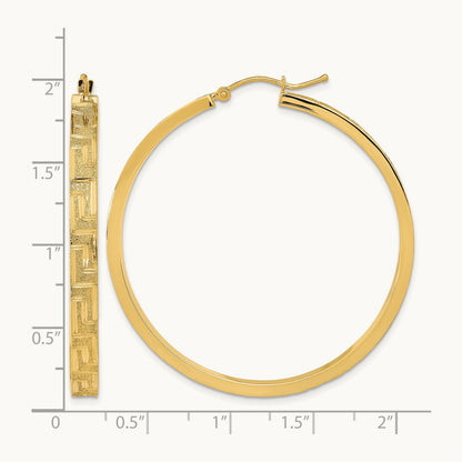 Polished and Satin Greek Pattern Hoop Earrings, 14K