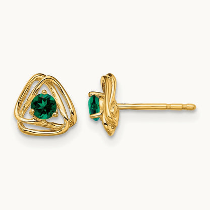 Created Emerald Post Earrings — 14K Yellow Gold