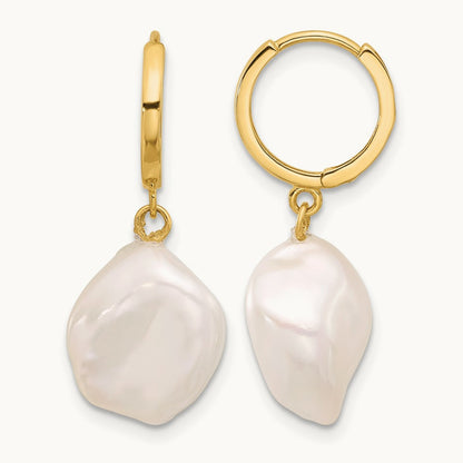 11- White Keshi Freshwater Cultured Pearl Dangle Hoop Earrings, 12mm, 14K