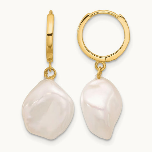 11- White Keshi Freshwater Cultured Pearl Dangle Hoop Earrings, 12mm, 14K