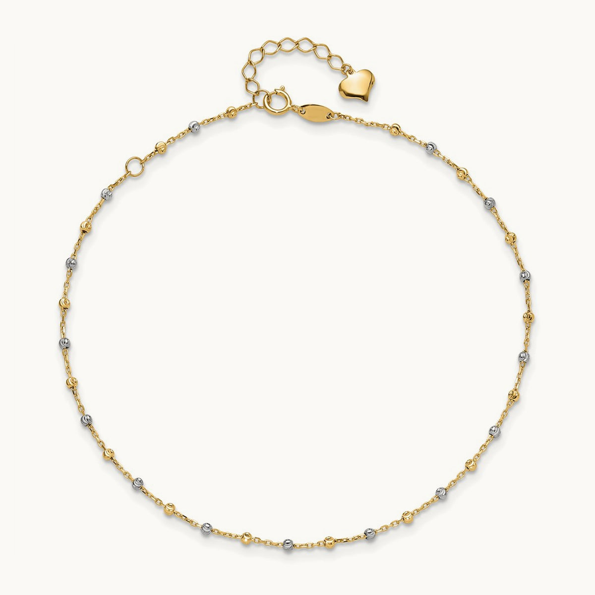 Polished and Diamond-cut Beads 10in Plus 1in ext. Anklet, 14K Two-tone