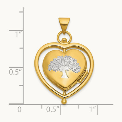& Rhodium Tree Flowers Spinning Reversible Heart Locket, 15mm, 14K