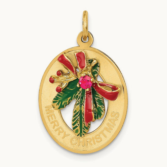 Enameled Mistletoe with Synthetic Stone Charm, 14K