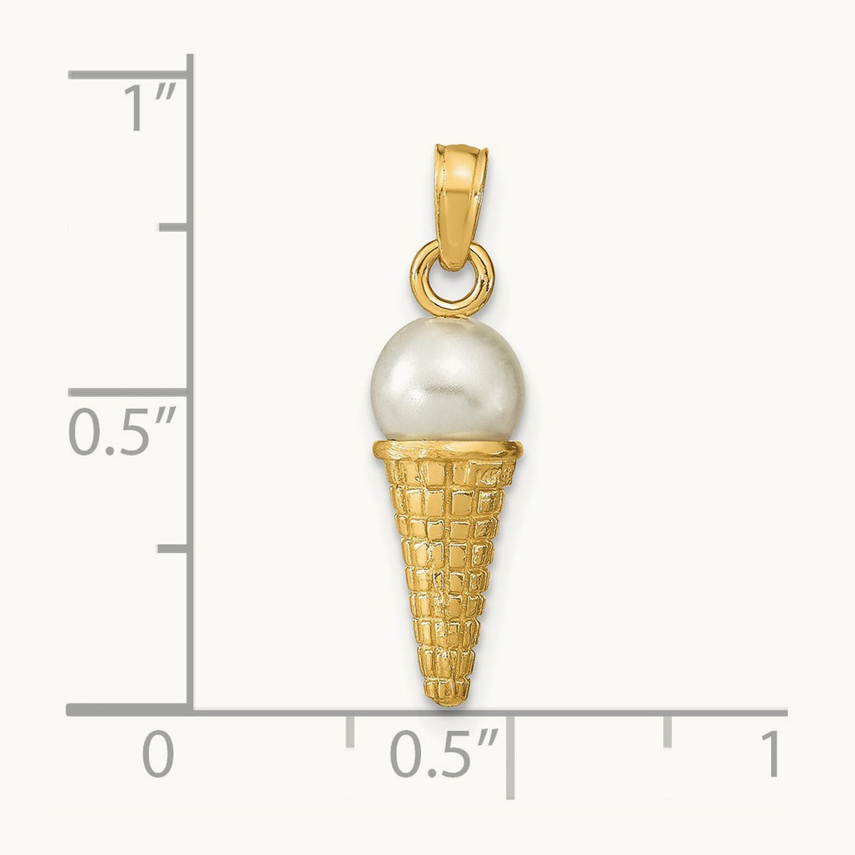 Satin Polished 3D White Bead Ice Cream Cone Pendant, 14K
