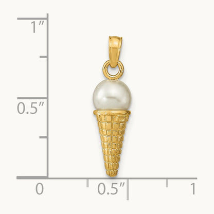 Satin Polished 3D White Bead Ice Cream Cone Pendant, 14K