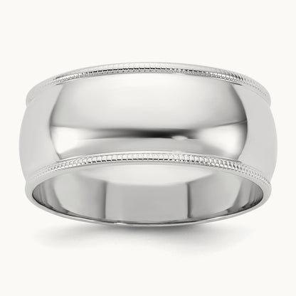 Lightweight Milgrain Half Round Band, 8mm, 10K White Gold