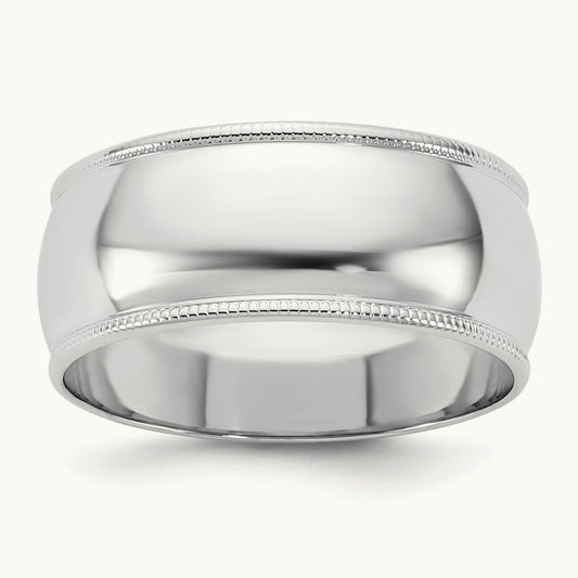Lightweight Milgrain Half Round Band, 8mm, 10K White Gold